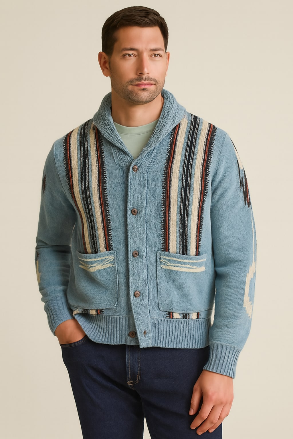 Men's Striped Cardigan in pastel blue, relaxed jacquard knit, front view on a model