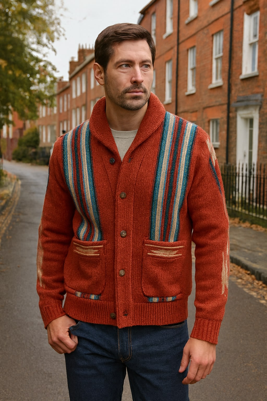 Man wearing the men's striped cardigan on an autumn street