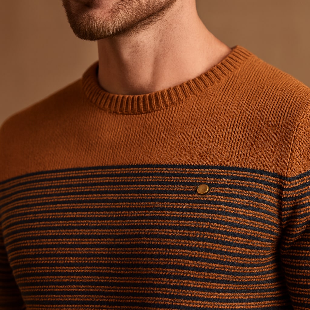 Close-up of the men's striped jumper showing the stripes