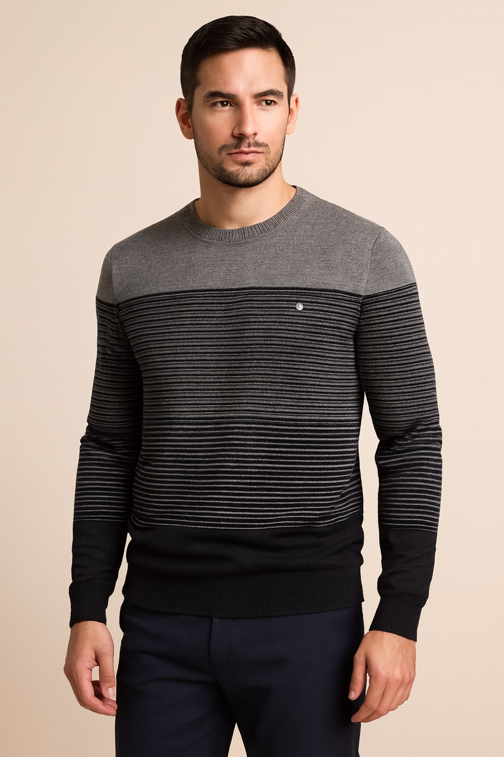 Men's Striped Jumper in grey, crew neck knitted jumper, front view on a model