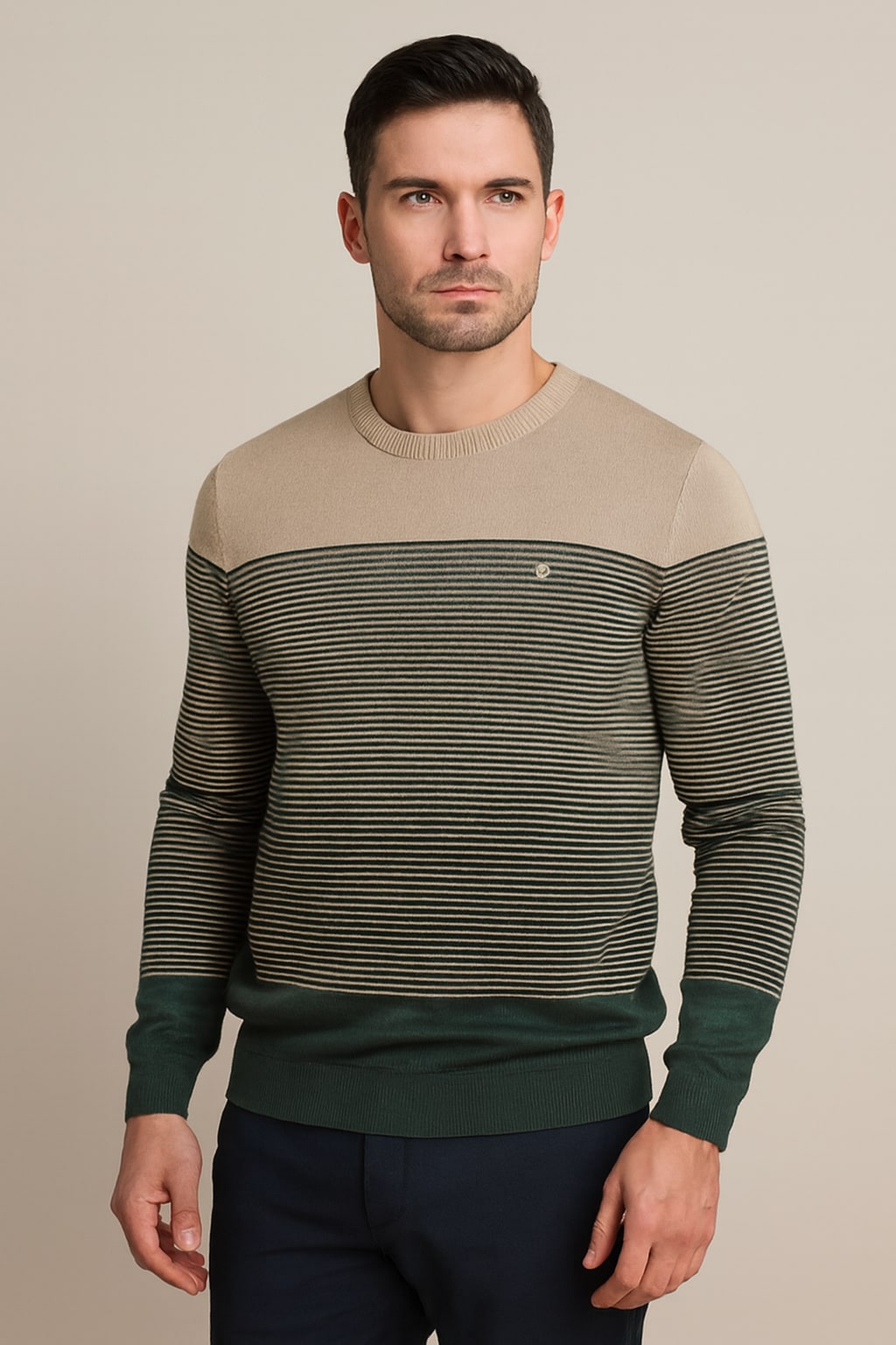 Men's Striped Jumper in khaki, crew neck knitted jumper, front view on a model