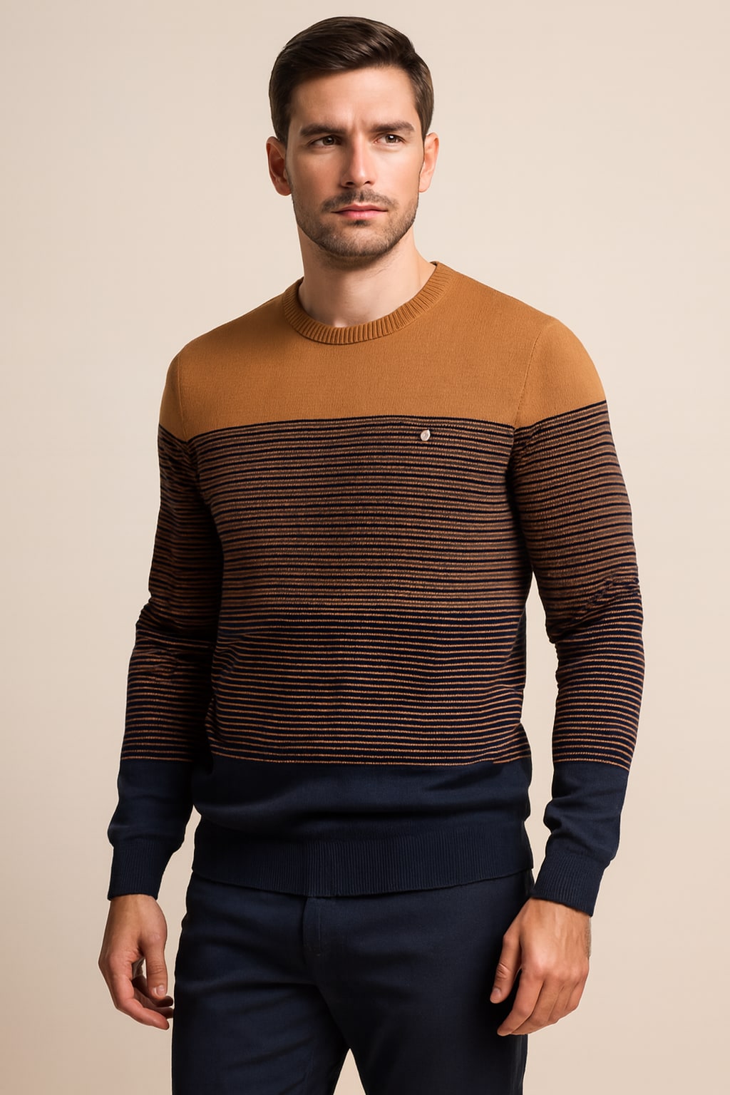 Men's Striped Jumper in orange, crew neck knitted jumper, front view on a model