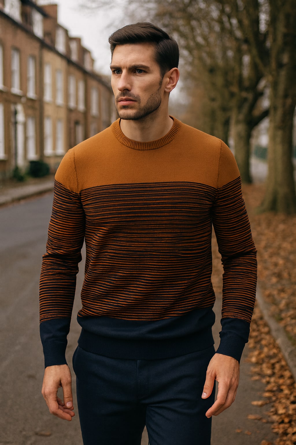 Man wearing the men's striped jumper on an autumn street