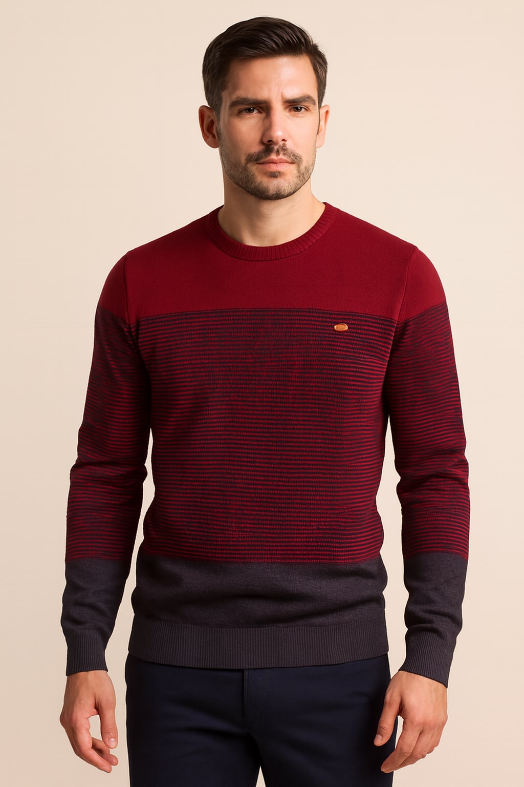 Men's Striped Jumper in wine, crew neck knitted jumper, front view on a model