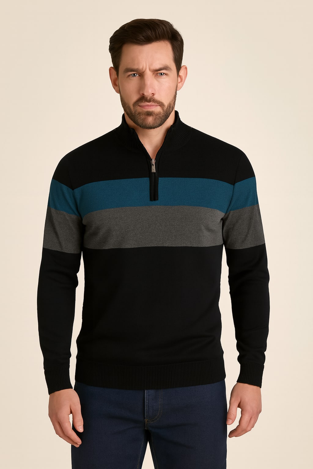 Men's Striped Quarter Zip Jumper in black, slim fit knit, front view on a model