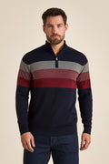 Men's Striped Quarter Zip Jumper in blue, slim fit knit, front view on a model