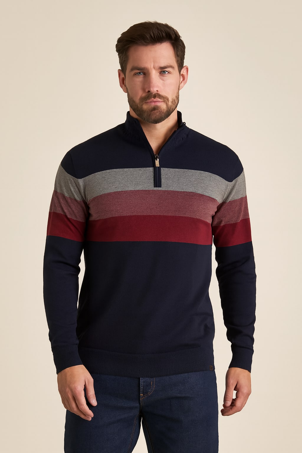 Men's Striped Quarter Zip Jumper in blue, slim fit knit, front view on a model