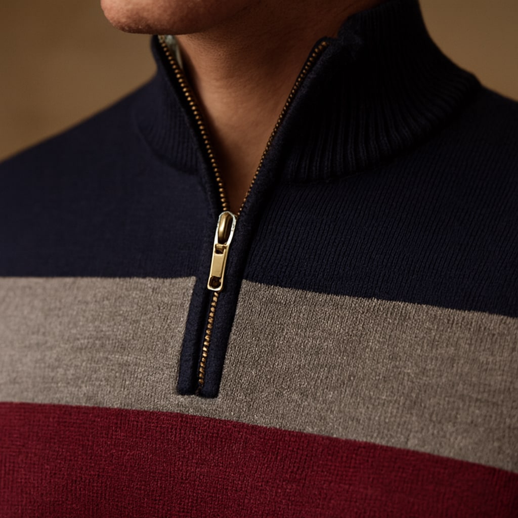 Close-up of the men's striped quarter zip jumper showing the zip and stripes