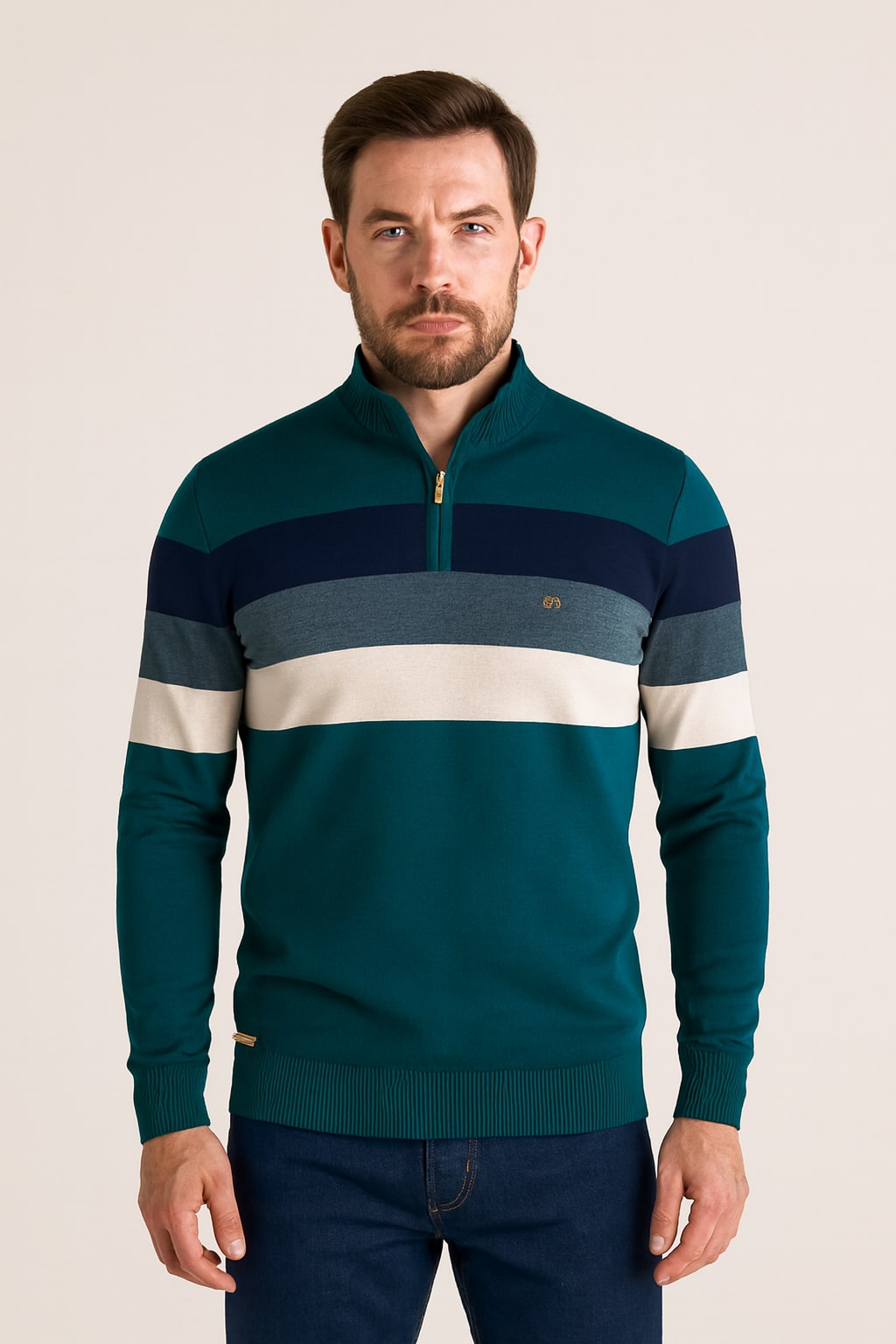 Men's Striped Quarter Zip Jumper in green, slim fit knit, front view on a model