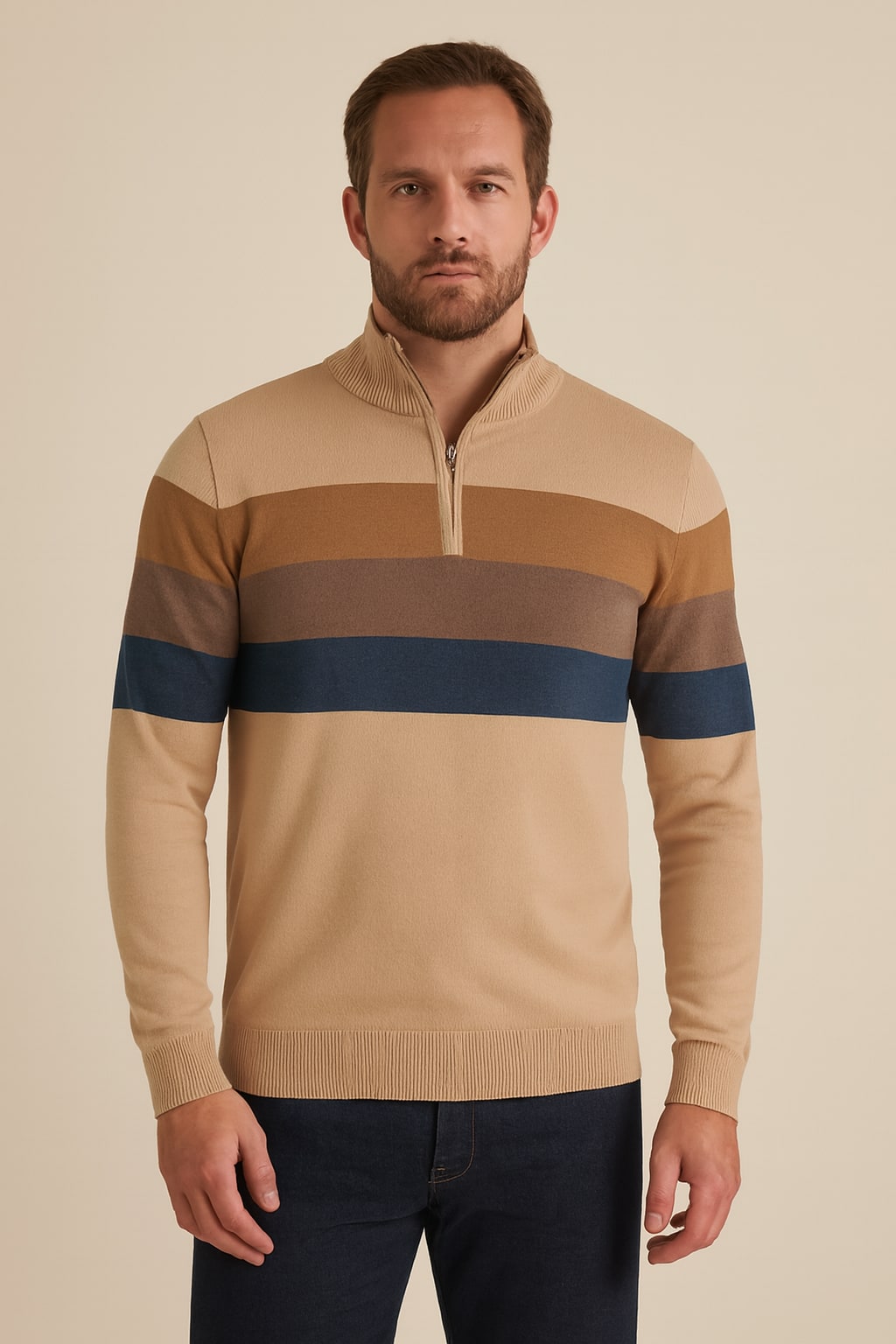 Men's Striped Quarter Zip Jumper in khaki, slim fit knit, front view on a model