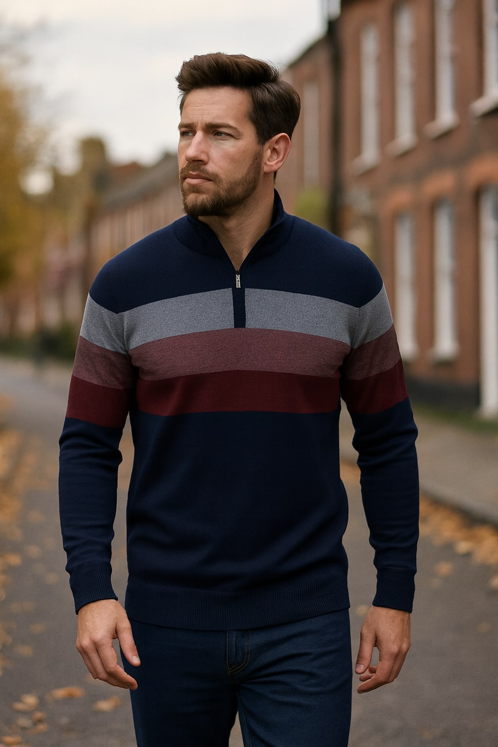 Man wearing the men's striped quarter zip jumper on an autumn street