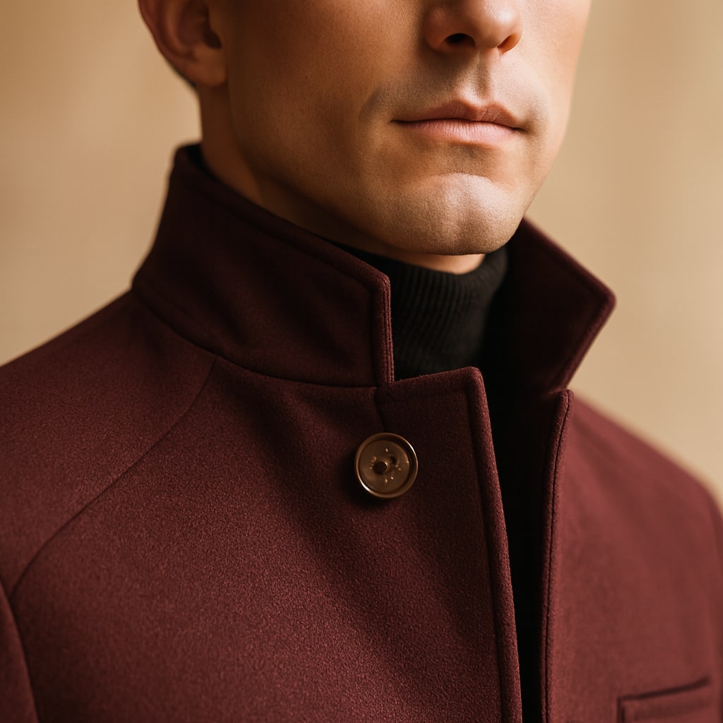 Close-up of the men's tailored overcoat showing the stand collar