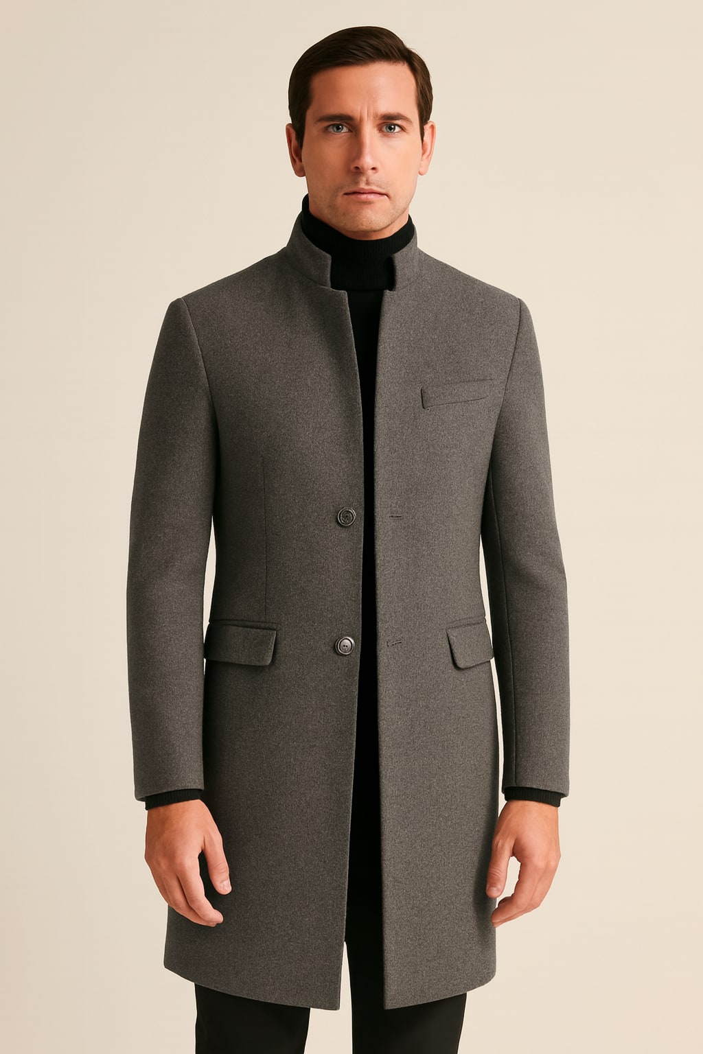 Men's Tailored Overcoat in grey, long smart winter coat, front view on a model