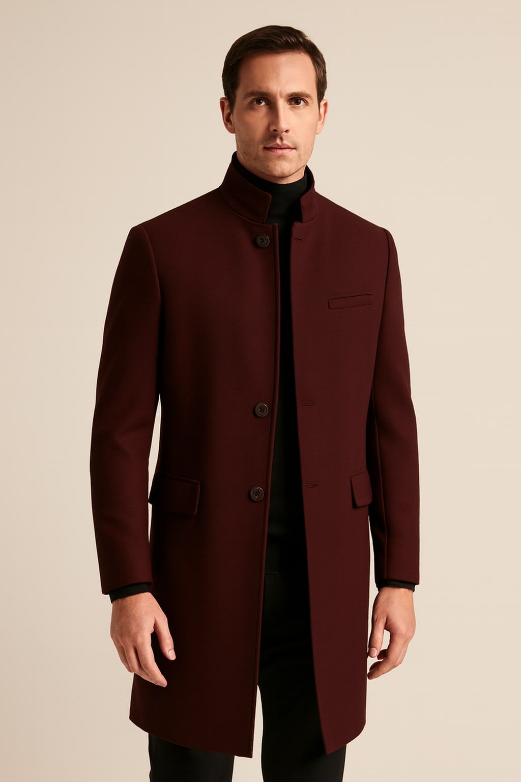 Men's Tailored Overcoat in red, long smart winter coat, front view on a model