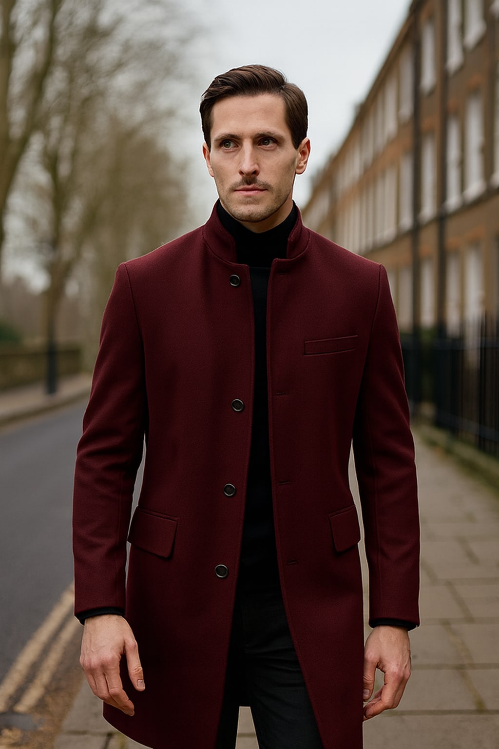 Man wearing the men's tailored overcoat on an autumn street