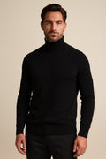 Men's Turtleneck Jumper in black, fine knit roll neck, front view on a model