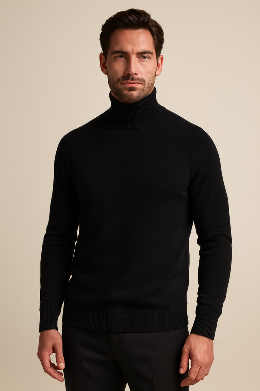 Men's Turtleneck Jumper in black, fine knit roll neck, front view on a model