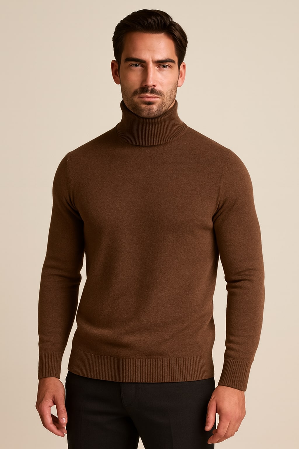 Men's Turtleneck Jumper in brown, fine knit roll neck, front view on a model