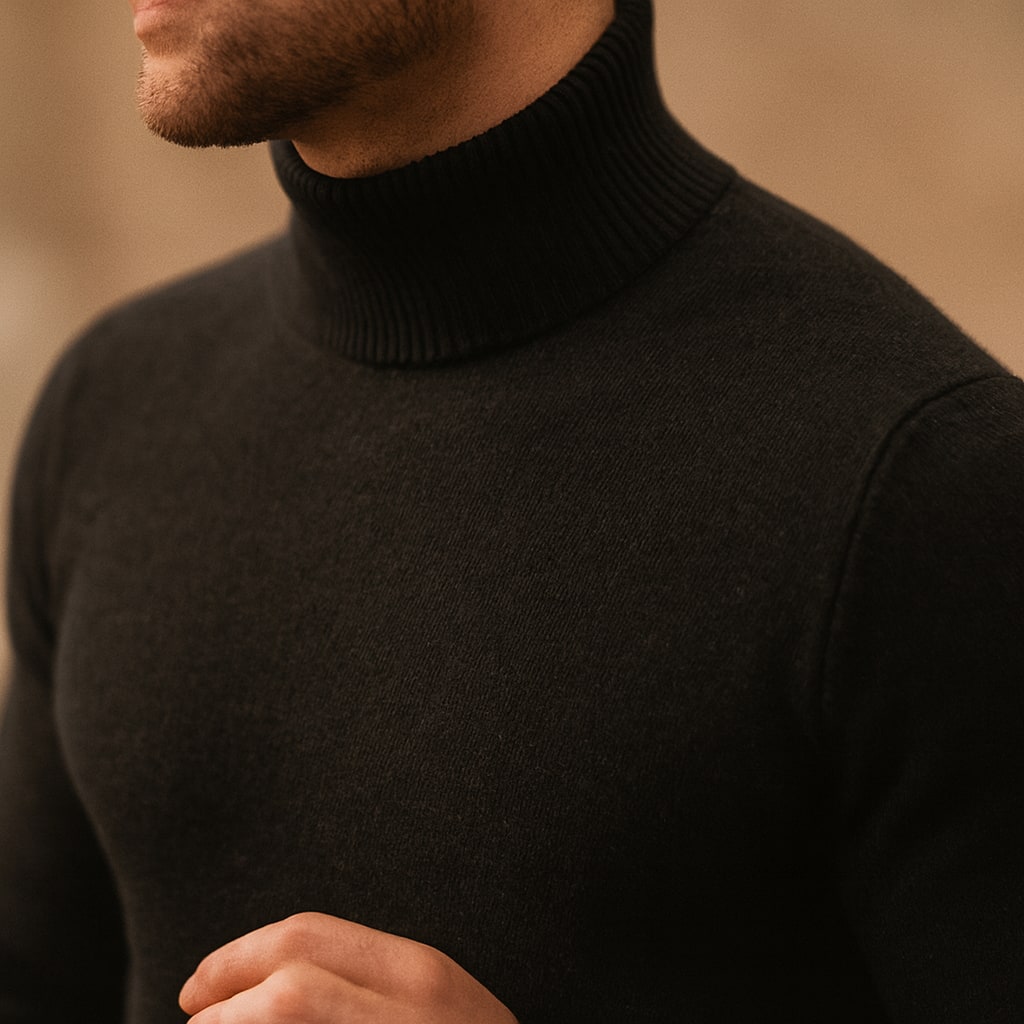 Close-up of the men's turtleneck jumper showing the fine knit