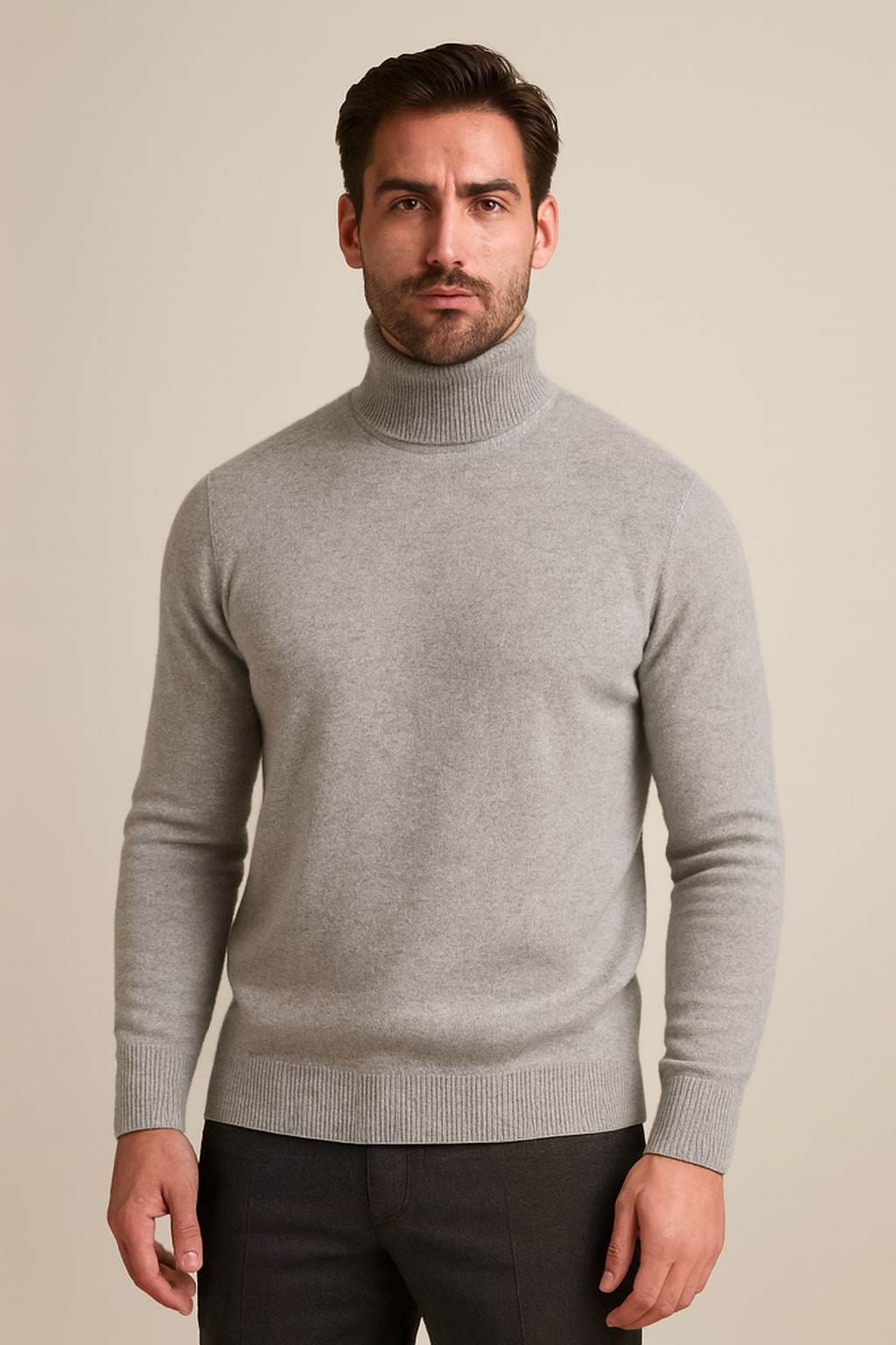 Men's Turtleneck Jumper in light grey, fine knit roll neck, front view on a model