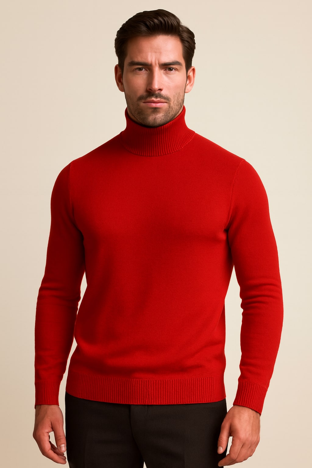Men's Turtleneck Jumper in red, fine knit roll neck, front view on a model