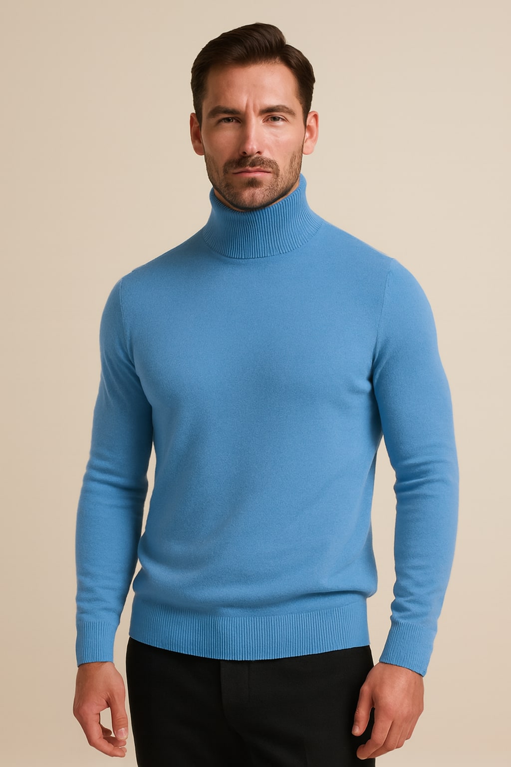 Men's Turtleneck Jumper in sky blue, fine knit roll neck, front view on a model