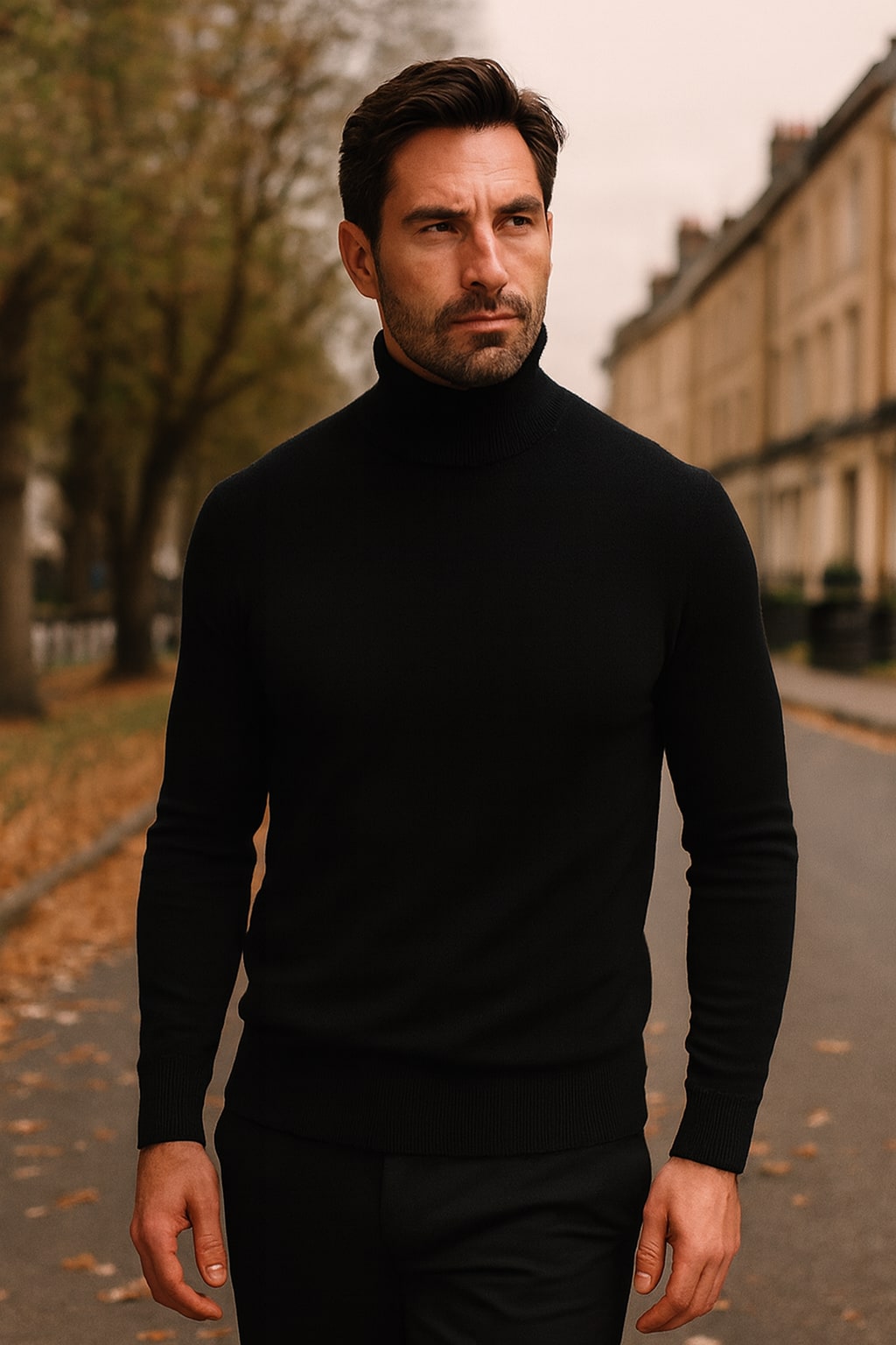 Man wearing the men's turtleneck jumper on an autumn street