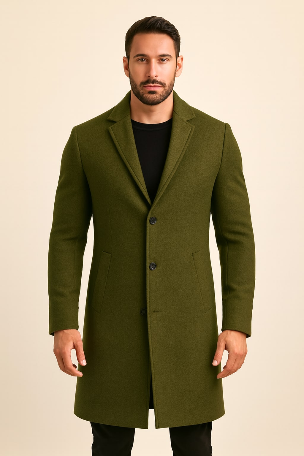 Men's Tweed-Effect Overcoat in army green, single-breasted smart coat, front view on a model