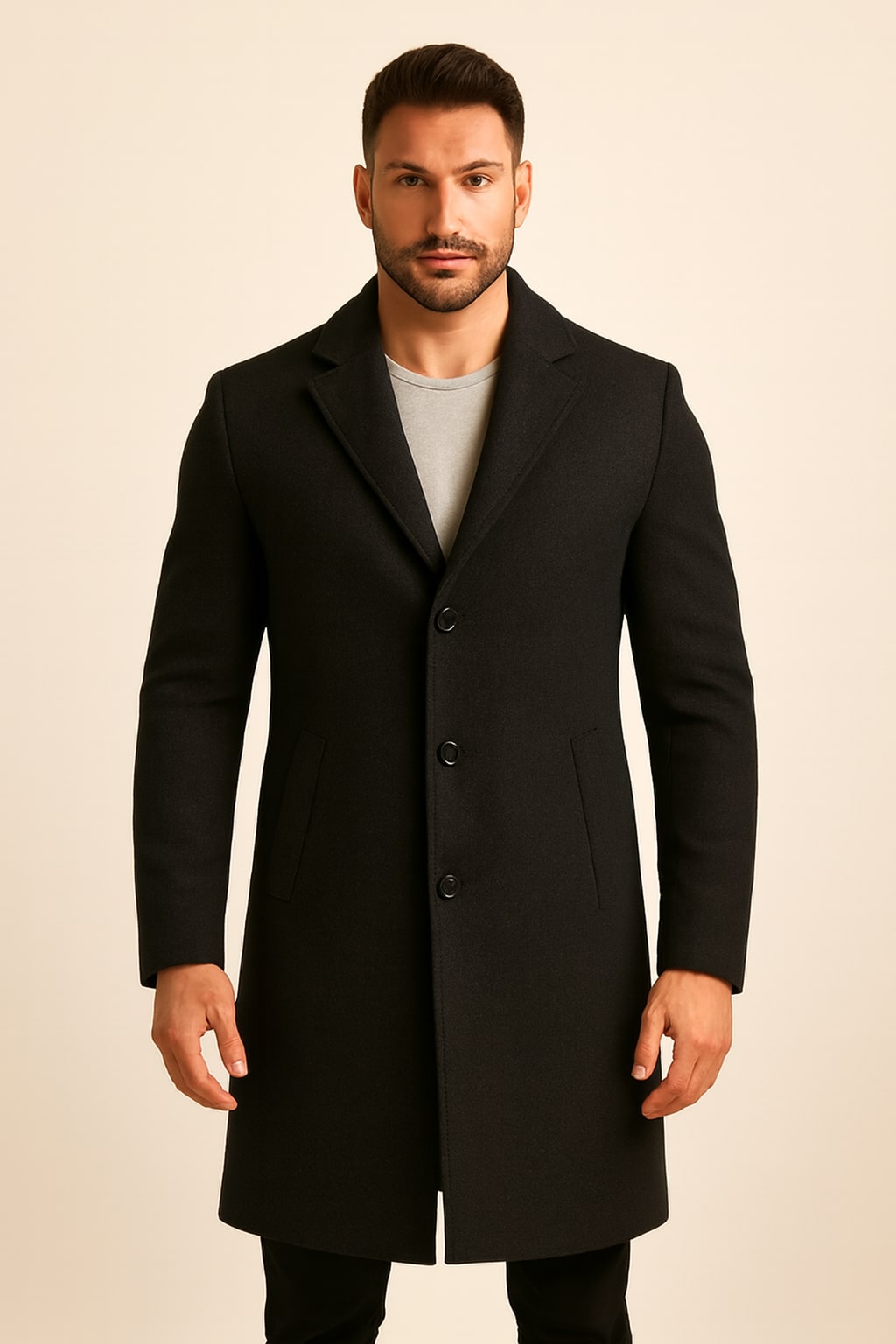 Men's Tweed-Effect Overcoat in black, single-breasted smart coat, front view on a model