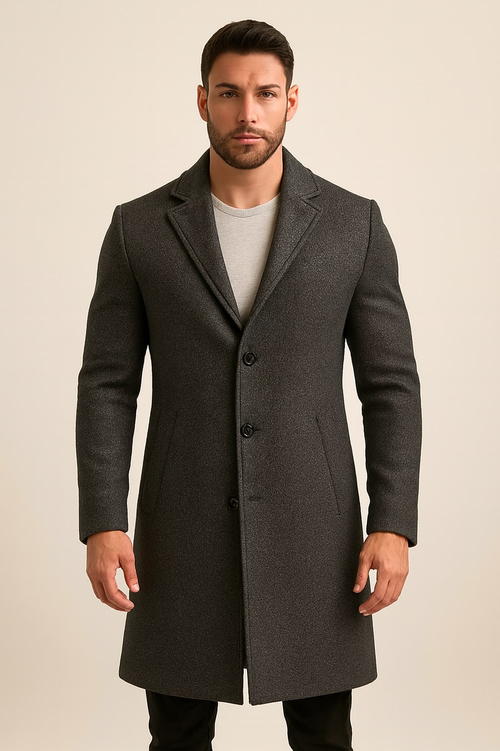 Men's Tweed-Effect Overcoat in dark grey, single-breasted smart coat, front view on a model