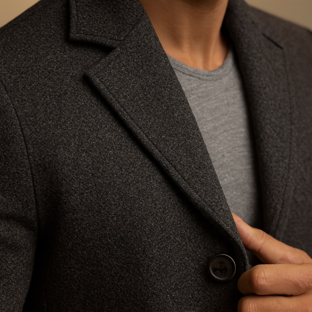 Close-up of the men's tweed-effect overcoat showing the tweed-effect texture and lapel