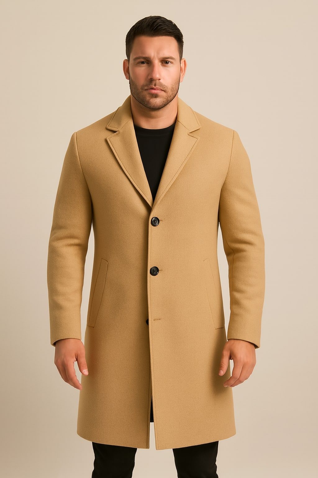 Men's Tweed-Effect Overcoat in khaki, single-breasted smart coat, front view on a model