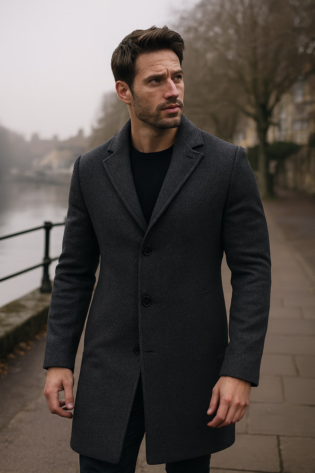 Man wearing the men's tweed-effect overcoat on an autumn street