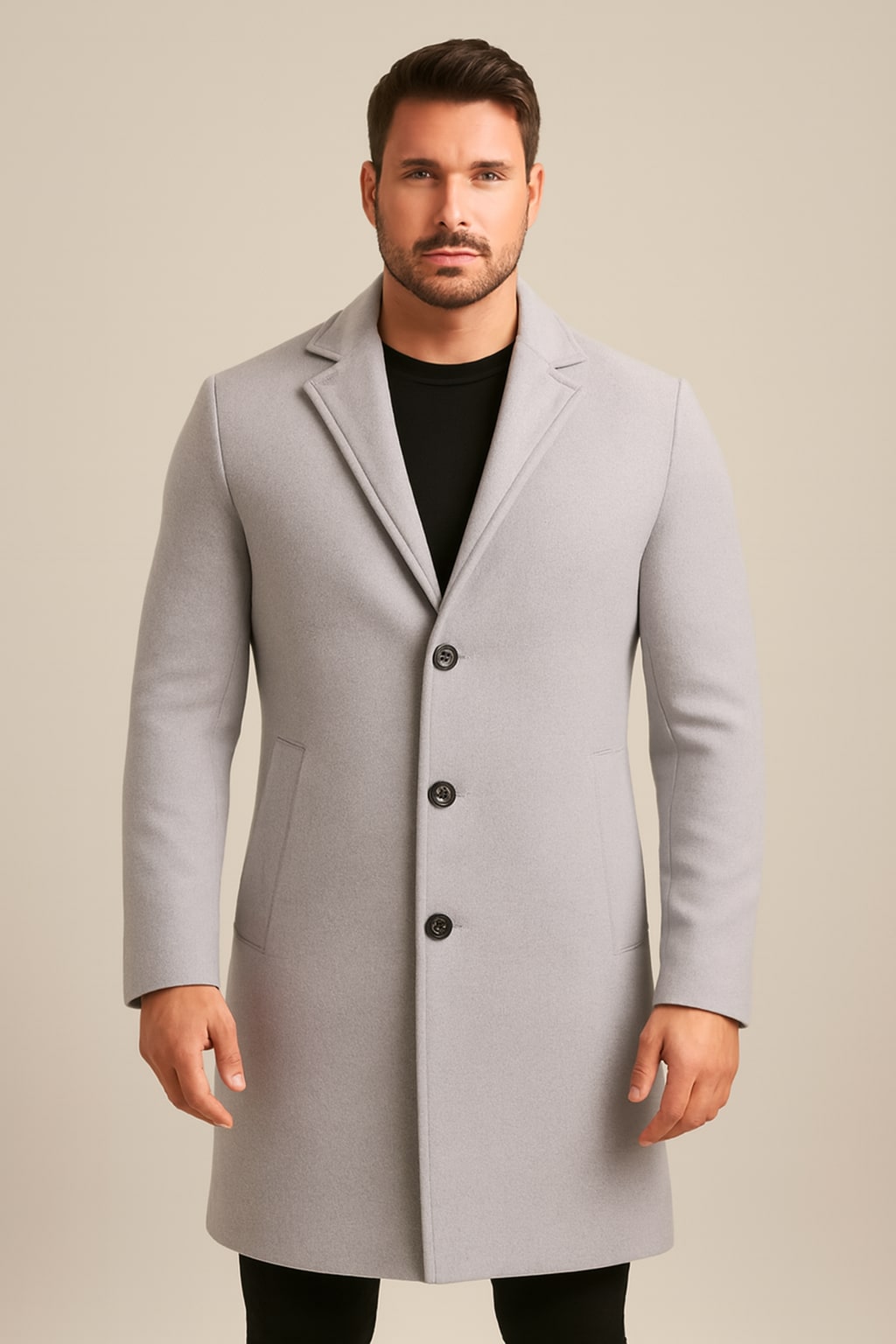 Men's Tweed-Effect Overcoat in light grey, single-breasted smart coat, front view on a model