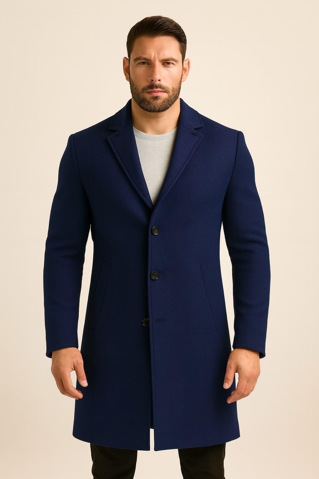 Men's Tweed-Effect Overcoat in navy, single-breasted smart coat, front view on a model