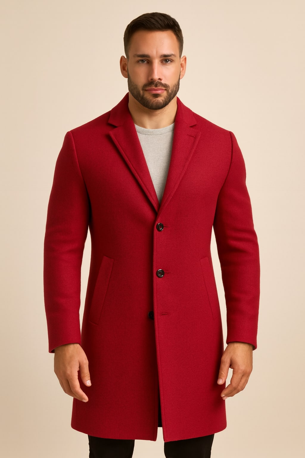 Men's Tweed-Effect Overcoat in red, single-breasted smart coat, front view on a model
