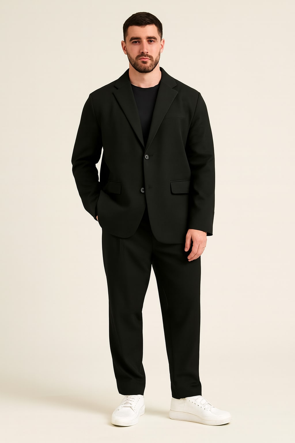 Men's Two Piece Suit in black, relaxed blazer and trousers, front view on a model