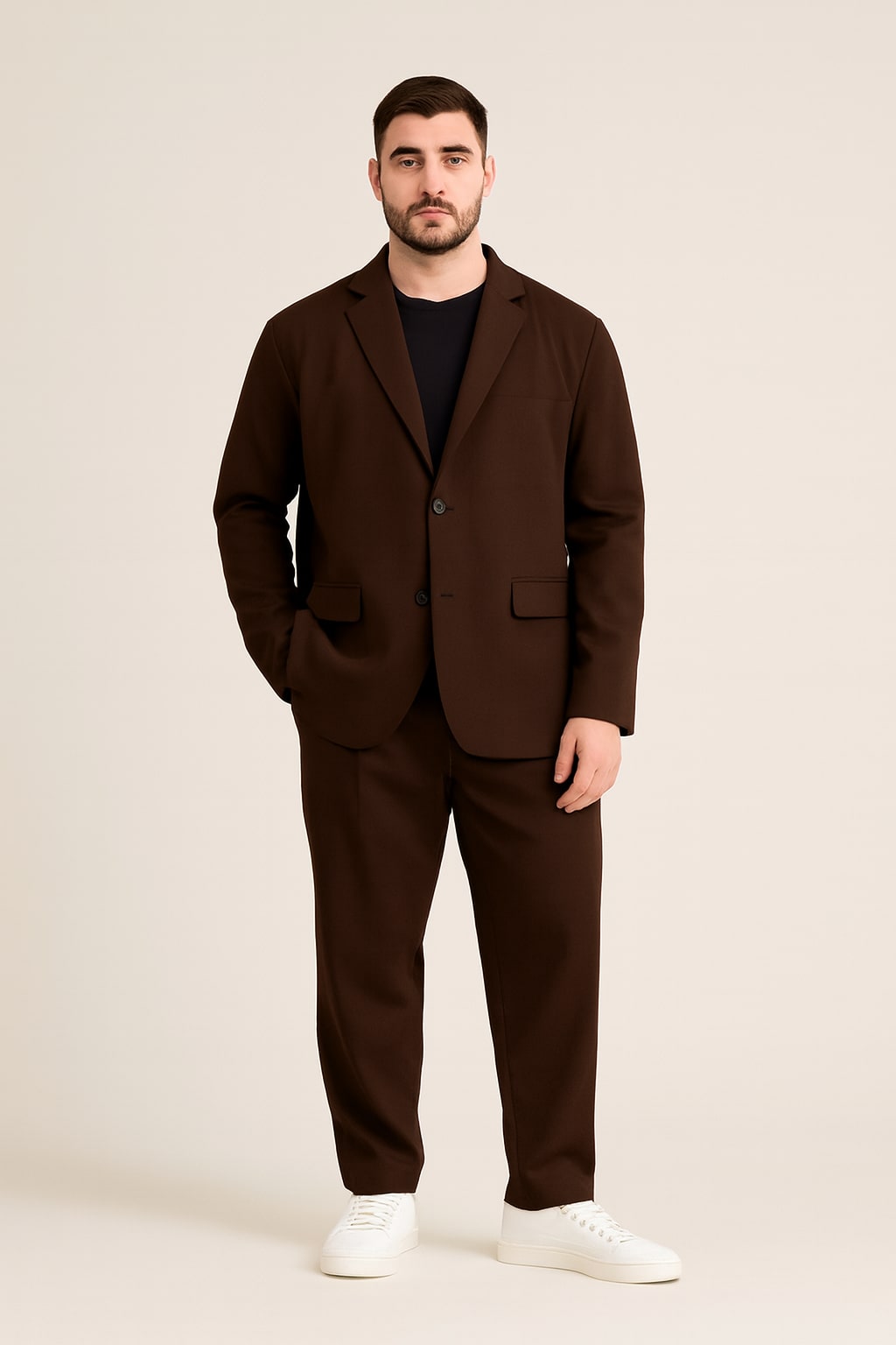 Men's Two Piece Suit in brown, relaxed blazer and trousers, front view on a model