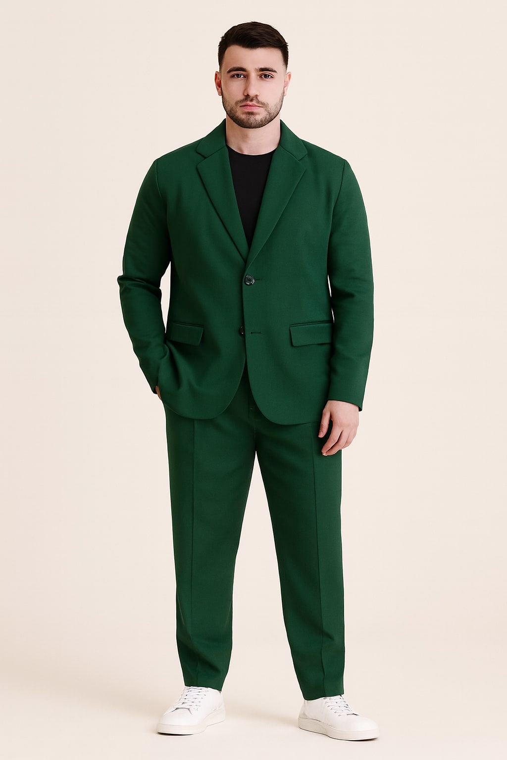 Men's Two Piece Suit in green, relaxed blazer and trousers, front view on a model