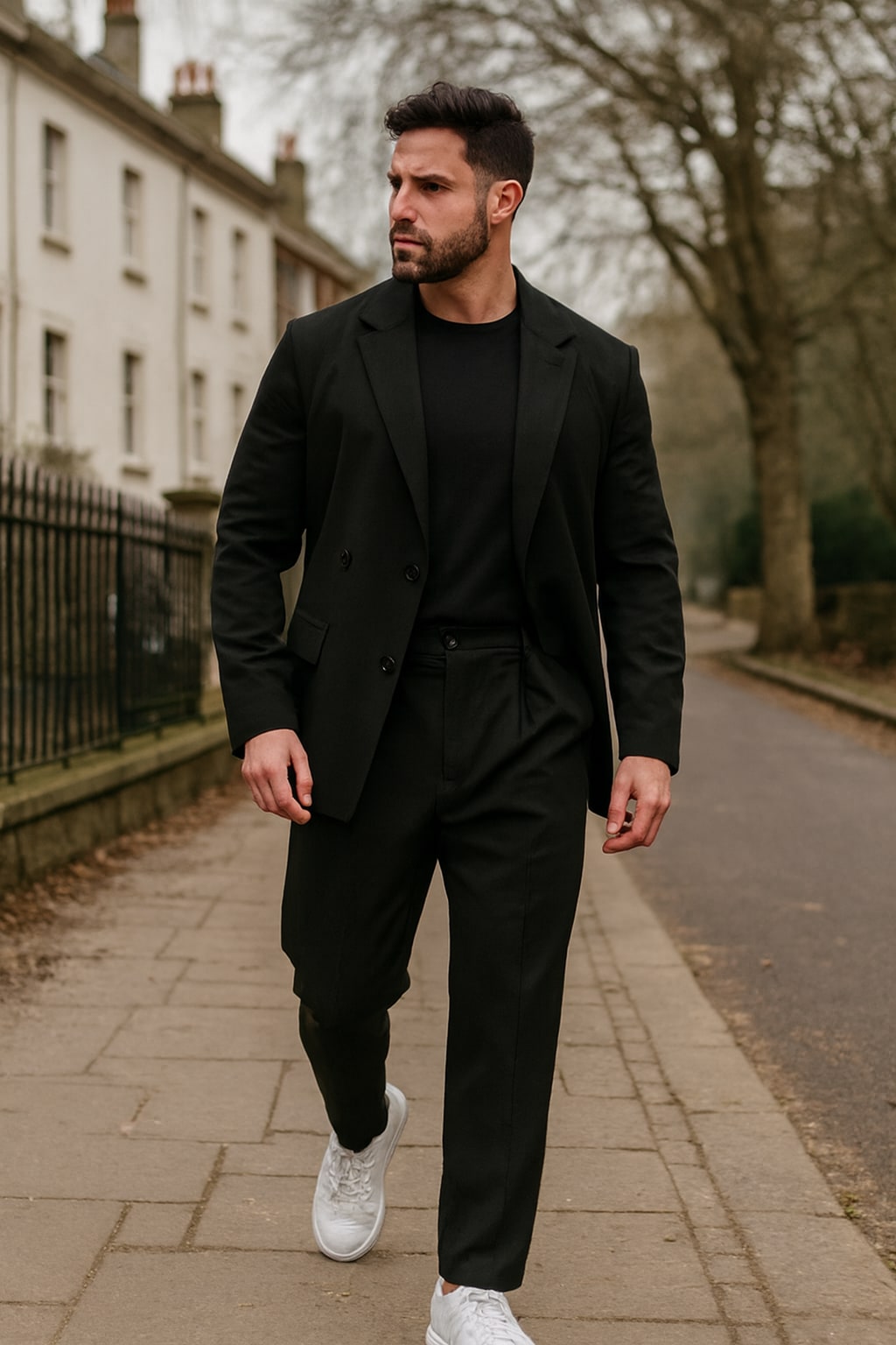 Man wearing the men's two piece suit on an autumn street