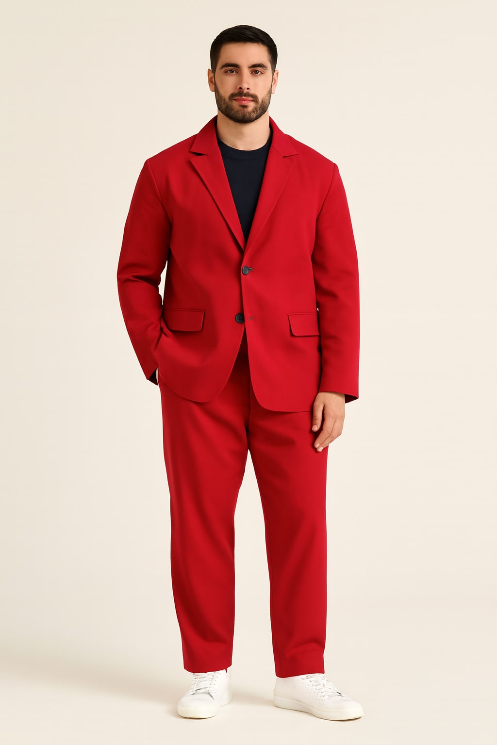 Men's Two Piece Suit in red, relaxed blazer and trousers, front view on a model