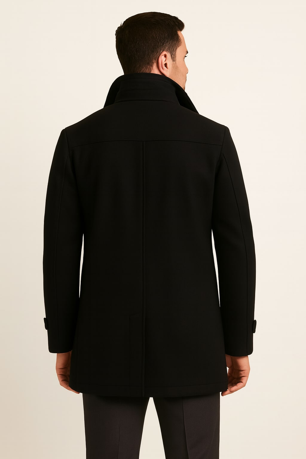 Back view of the men's winter coat in black on a model