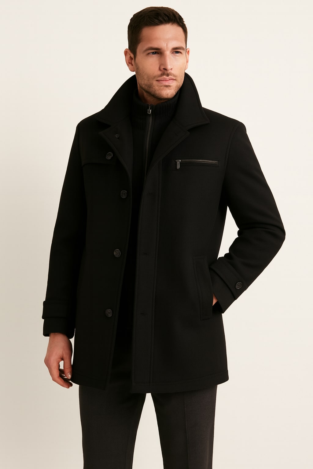 Men's Winter Coat in black, wool-look car coat with zip bib, front view on a model