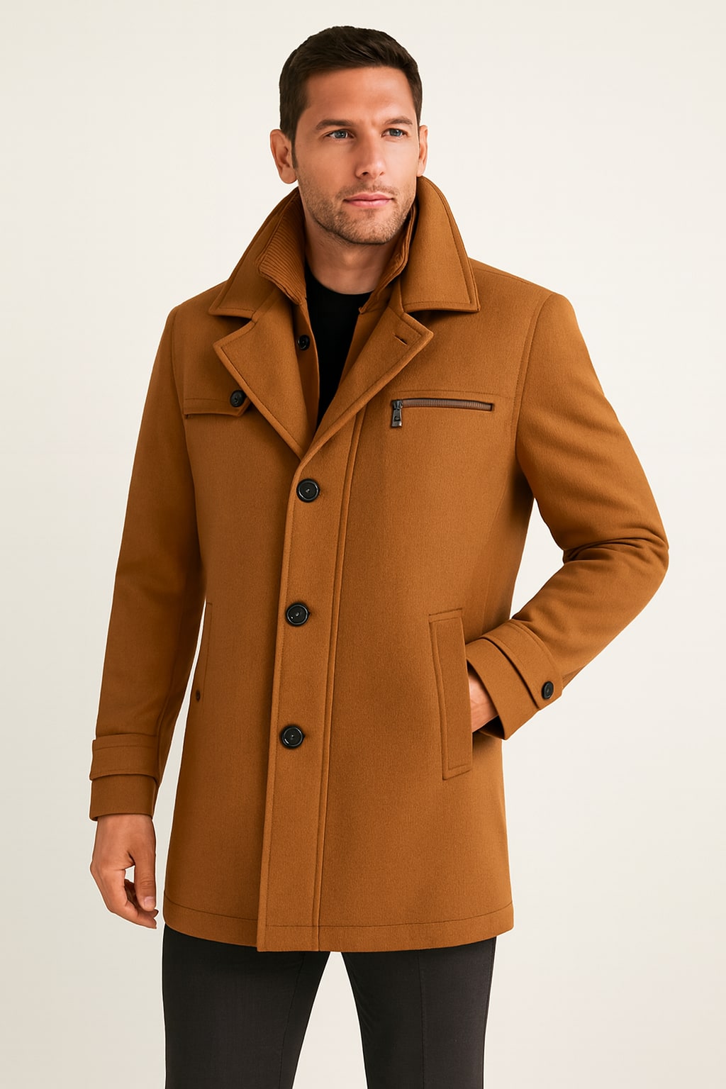Men's Winter Coat in brown, wool-look car coat with zip bib, front view on a model