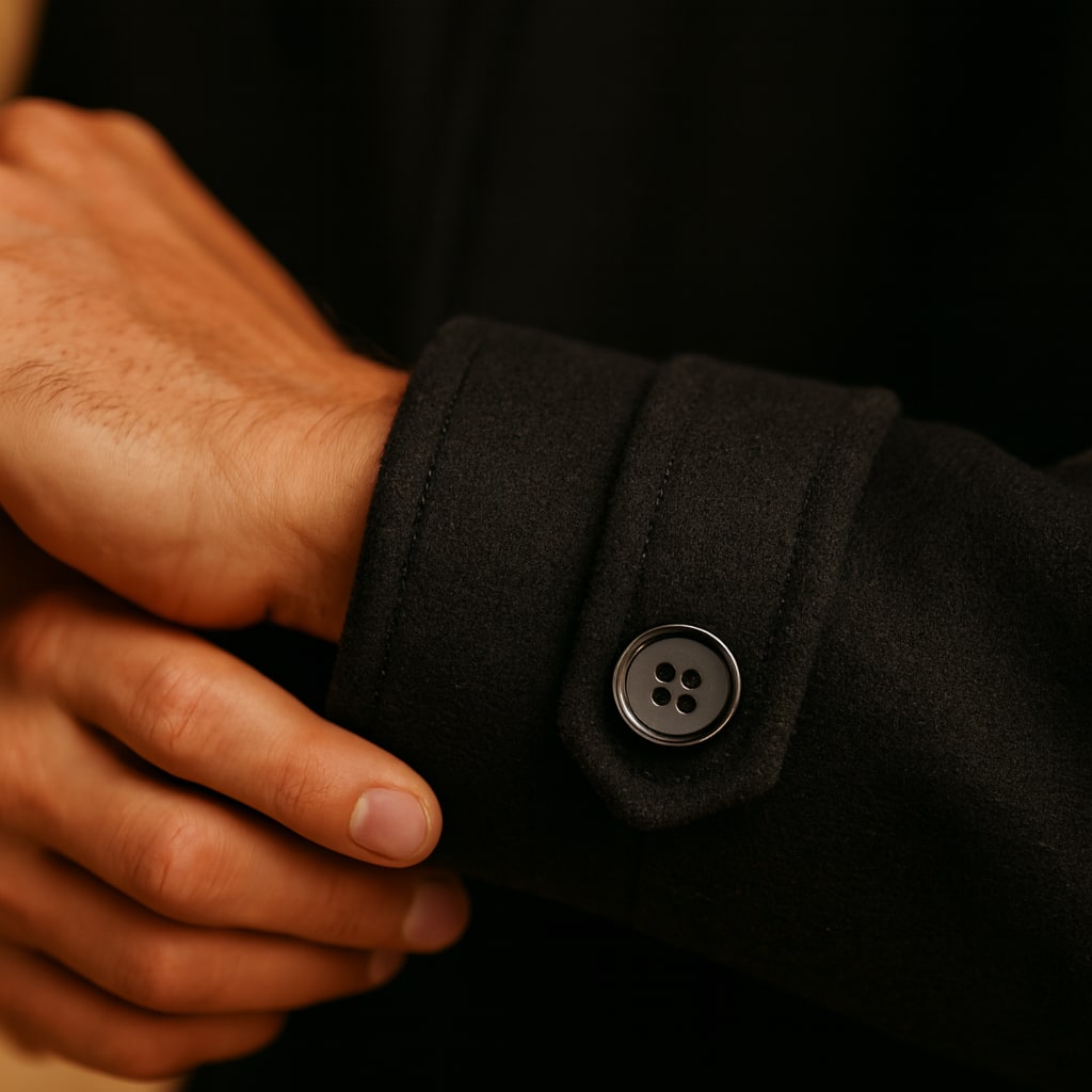Close-up of the men's winter coat showing the funnel collar and zip bib