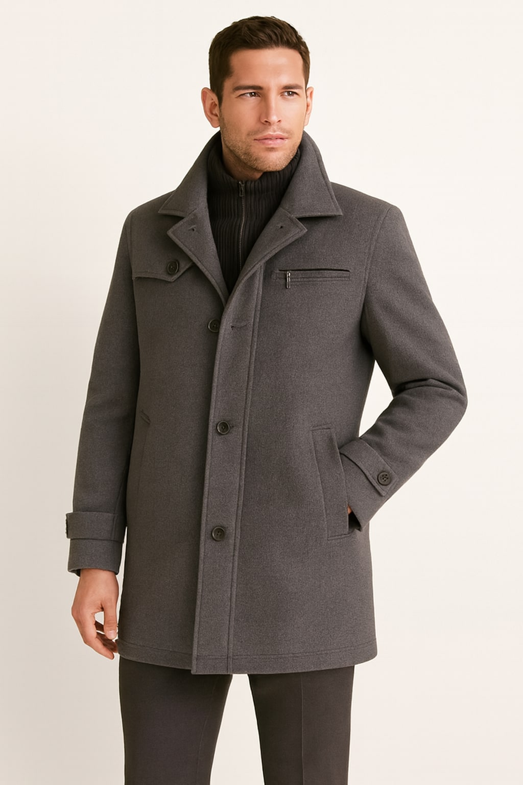 Men's Winter Coat in grey, wool-look car coat with zip bib, front view on a model