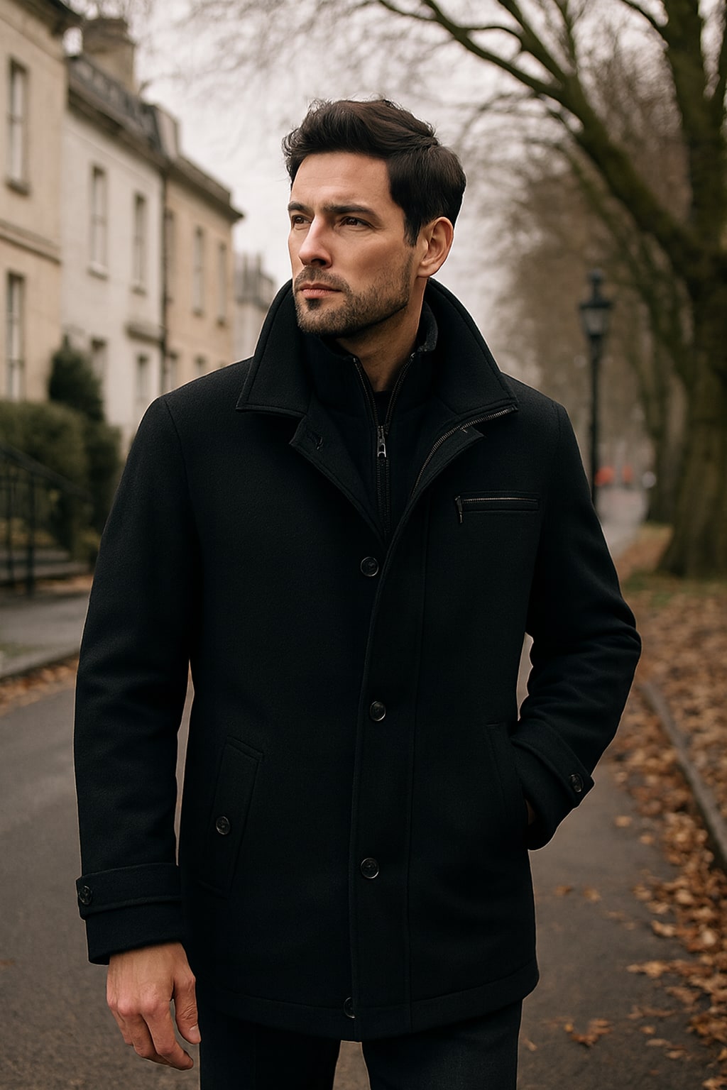 Man wearing the men's winter coat on an autumn street