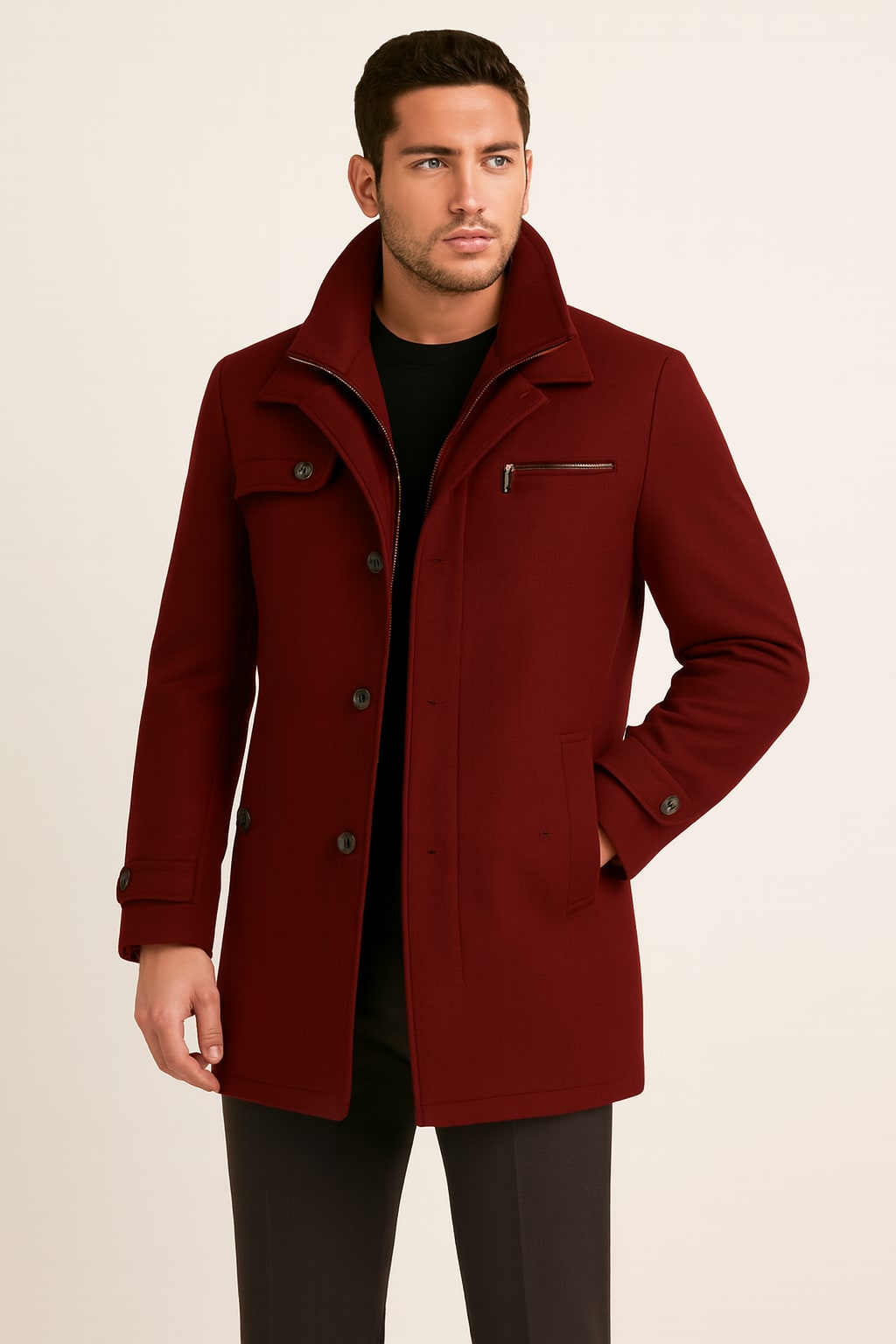 Men's Winter Coat in red, wool-look car coat with zip bib, front view on a model