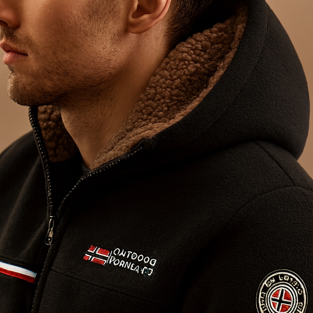 Close-up of the men's winter jacket showing the sherpa-lined hood