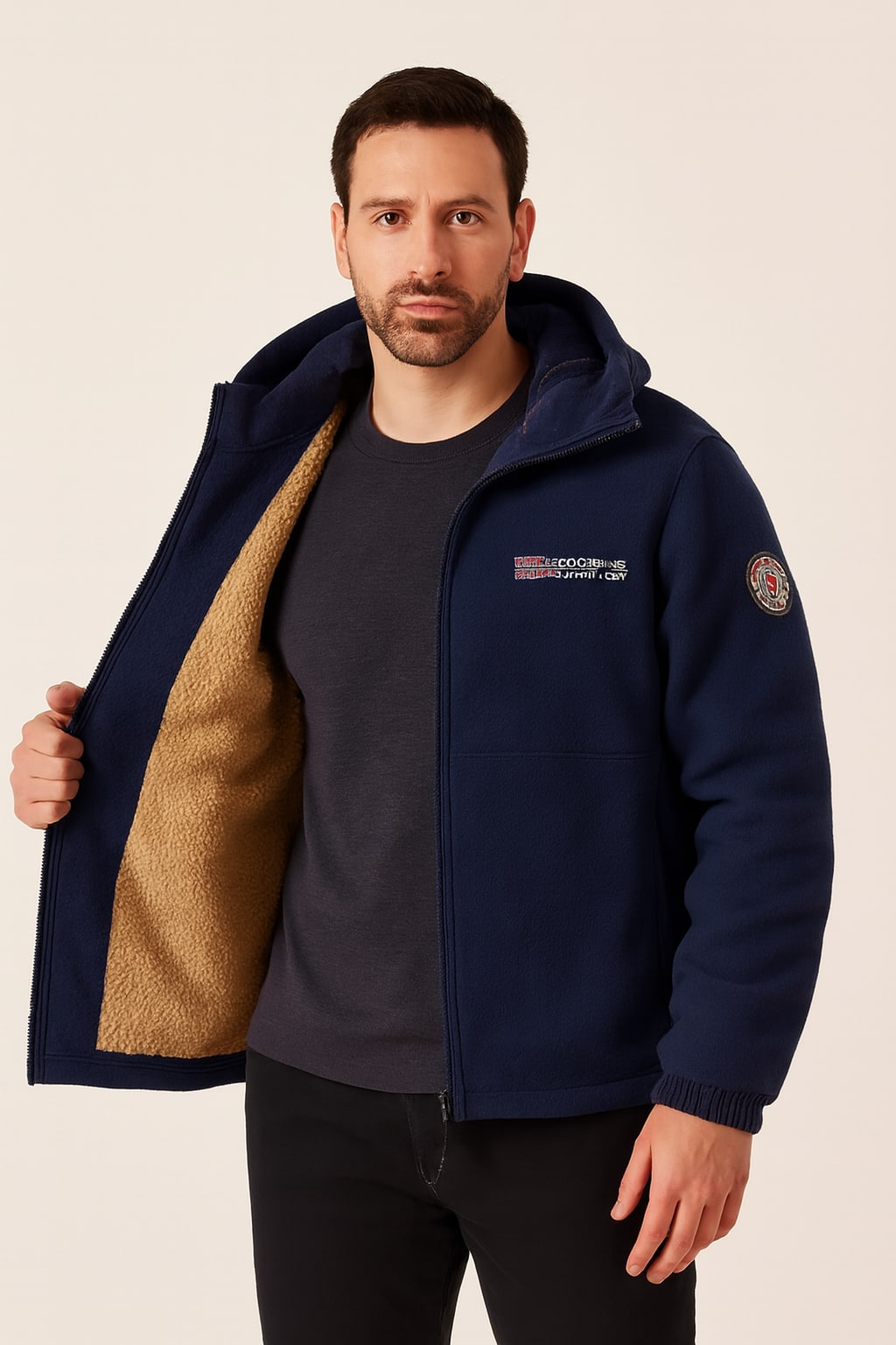 Men's Winter Jacket in dark blue, insulated structured coat, worn open to show the beige sherpa lining
